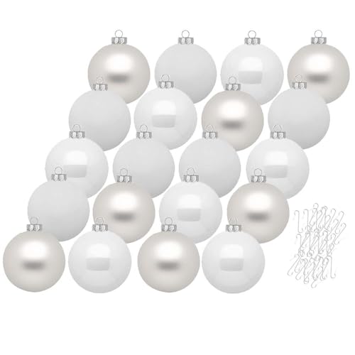 Inge Glas Weihnachtskugeln mit Haken | Schöne Christbaumkugeln aus Glas | Set 20 Kugeln und 40 Aufhänger | Christbaumschmuck Weihnachtsbaumkugeln (Just White | weiß) von Inge-glas