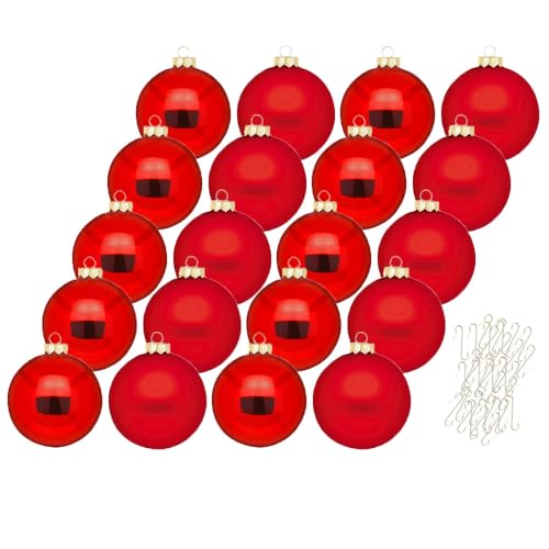 Inge Glas Weihnachtskugeln mit Haken | Schöne Christbaumkugeln aus Glas | Set 20 Kugeln und 40 Aufhänger | Christbaumschmuck Weihnachtsbaumkugeln (Merry Red | rot) von Inge-glas