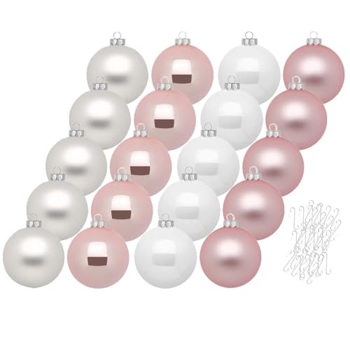 Inge Glas Weihnachtskugeln mit Haken | Schöne Christbaumkugeln aus Glas | Set 20 Kugeln und 40 Aufhänger | Christbaumschmuck Weihnachtsbaumkugeln (Noble Rose | rosa weiß) von Inge-glas