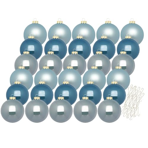 Inge Glas Weihnachtskugeln mit Haken | Schöne Christbaumkugeln aus Glas | Set 30 Kugeln und 40 Aufhänger | Christbaumschmuck Weihnachtsbaumkugeln (Elysian Blue | Blau) von Inge-glas