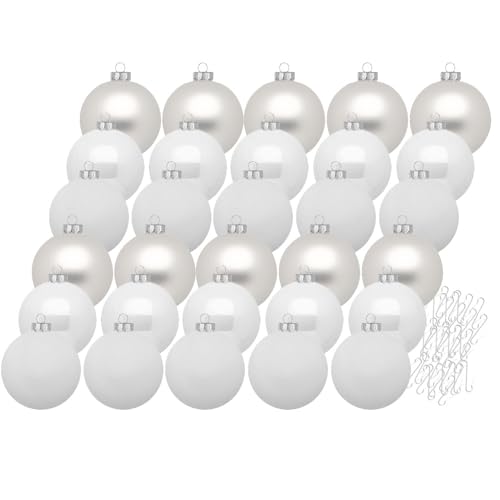 Inge Glas Weihnachtskugeln mit Haken | Schöne Christbaumkugeln aus Glas | Set 30 Kugeln und 40 Aufhänger | Christbaumschmuck Weihnachtsbaumkugeln (Just White) von Inge-glas
