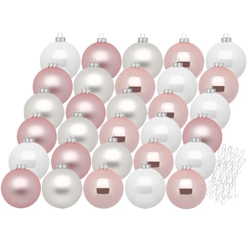 Inge Glas Weihnachtskugeln mit Haken | Schöne Christbaumkugeln aus Glas | Set 30 Kugeln und 40 Aufhänger | Christbaumschmuck Weihnachtsbaumkugeln (Noble Rose | rosa weiß) von Inge-glas