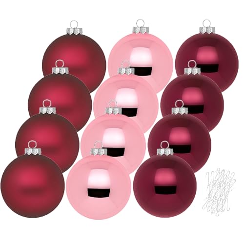 Inge Glas große Weihnachtskugeln mit Haken | Christbaumkugeln aus Glas | Set 12 Kugeln 8cm groß und 40 Aufhänger | Christbaumschmuck Weihnachtsbaumkugeln (Berry Kiss | weinrot Rose) von Inge-glas