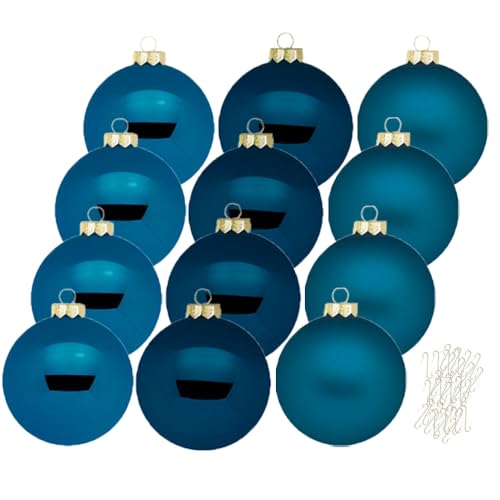 Inge Glas große Weihnachtskugeln mit Haken | Christbaumkugeln aus Glas | Set 12 Kugeln 8cm groß und 40 Aufhänger | Christbaumschmuck Weihnachtsbaumkugeln (Deep Blue | blau) von Inge-glas