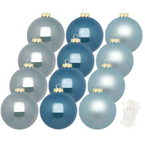 Inge Glas große Weihnachtskugeln mit Haken | Christbaumkugeln aus Glas | Set 12 Kugeln 8cm groß und 40 Aufhänger | Christbaumschmuck Weihnachtsbaumkugeln (Elysian Blue | blau) von Inge-glas