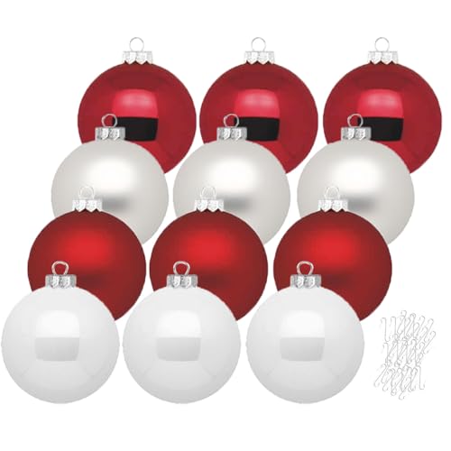 Inge Glas große Weihnachtskugeln mit Haken | Christbaumkugeln aus Glas | Set 12 Kugeln 8cm groß und 40 Aufhänger | Christbaumschmuck Weihnachtsbaumkugeln (Frozen Strawberry | weiß rot) von Inge-glas