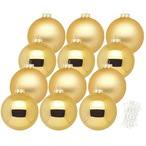 Inge Glas große Weihnachtskugeln mit Haken | Christbaumkugeln aus Glas | Set 12 Kugeln 8cm groß und 40 Aufhänger | Christbaumschmuck Weihnachtsbaumkugeln (Inkagold) von Inge-glas