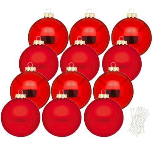 Inge Glas große Weihnachtskugeln mit Haken | Christbaumkugeln aus Glas | Set 12 Kugeln 8cm groß und 40 Aufhänger | Christbaumschmuck Weihnachtsbaumkugeln (Merry Red | rot) von Inge-glas