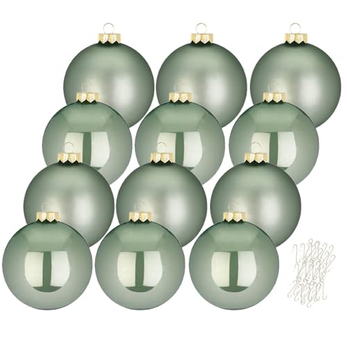 Inge Glas große Weihnachtskugeln mit Haken | Christbaumkugeln aus Glas | Set 12 Kugeln 8cm groß und 40 Aufhänger | Christbaumschmuck Weihnachtsbaumkugeln (Mild Sage | Mint) von Inge-glas
