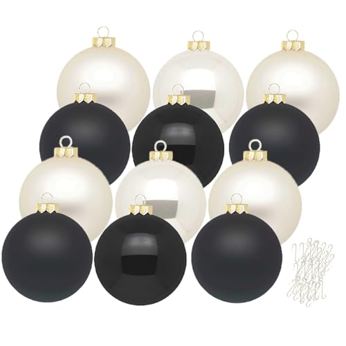 Inge Glas große Weihnachtskugeln mit Haken | Christbaumkugeln aus Glas | Set 12 Kugeln 8cm groß und 40 Aufhänger | Christbaumschmuck Weihnachtsbaumkugeln (Moonlight Shadow | schwarz beige) von Inge-glas