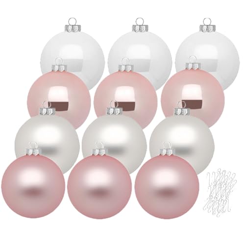 Inge Glas große Weihnachtskugeln mit Haken | Christbaumkugeln aus Glas | Set 12 Kugeln 8cm groß und 40 Aufhänger | Christbaumschmuck Weihnachtsbaumkugeln (Noble Rose | rosa weiß) von Inge-glas