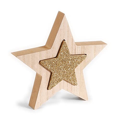 Inge-glas Holzstern 2in1 Aufsteller 15cm + 20cm massiv Weihnachtsdeko Fensterdeko Deko Weihnachten Natur Gold von Inge-glas