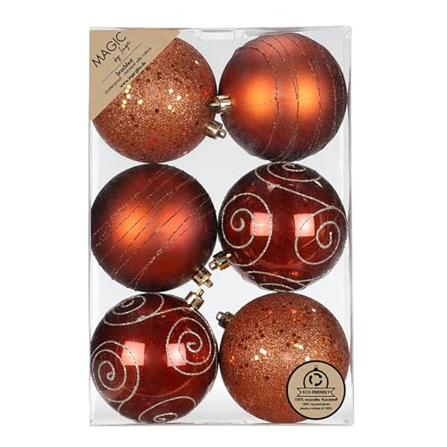 Inge-glas Weihnachtskugeln Kunststoff 8cm 6er Set - bruchsicher & mit Glitzer Muster - Große Christbaumkugeln für Weihnachtsbaum - Weihnachtsbaumkugeln & Christbaumschmuck Kupfer - Roasted Almond von Inge-glas