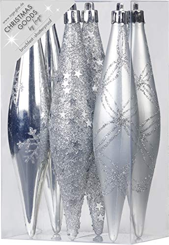 Inge-glas Weihnachtsschmuck Eiszapfen Oliven 6 STK. Kunstoff 15cm Christbaumschmuck Deko Weihnachten Christbaumkugeln Weihnachtsbaum Silber von Inge-glas