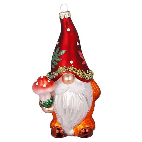 Weihnachtsbaumfigur Gartenwichtel 13.5cm | Weihnachten Weihnachtskugel Christbaumschmuck | Figur süßer Zwerg aus Glas (Fliegenpilz orange) von Inge-glas