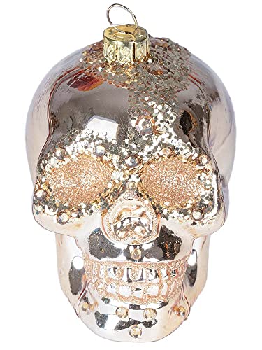 Weihnachtskugel Christbaumkugel Skull 9cm | Glaskugel Totenkopf Christbaumanhänger | Figur (Gold glänzend) von Inge-glas