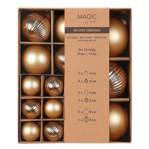 Weihnachtskugeln 16 STK 4,6,8 cm | Sortiment mit Rillen Strukturkugeln | Dekorative Christbaumkugeln (Inkagold | Gold) von Inge-glas