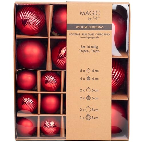 Weihnachtskugeln 16 STK 4,6,8 cm | Sortiment mit Rillen Strukturkugeln | Dekorative Christbaumkugeln (Merry Red | rot) von Inge-glas