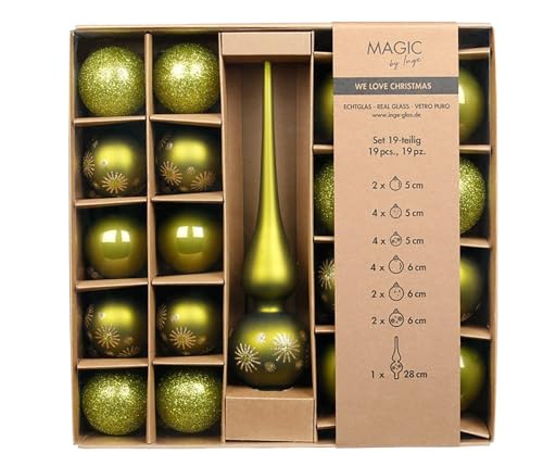 Weihnachtskugeln Glas 5-6cm mit Spitze 19er Set - Glitzer Motiv - Christbaumkugeln Weihnachtsbaumkugeln und Christbaumspitze - Christbaumschmuck & Weihnachtsbaumschmuck - Green Olives von Inge-glas
