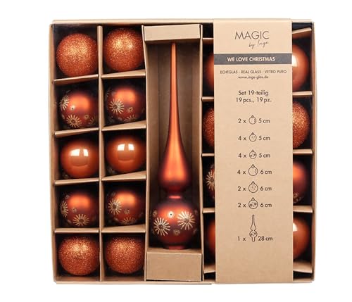Weihnachtskugeln Glas 5-6cm mit Spitze 19er Set - Glitzer Motiv - Christbaumkugeln Weihnachtsbaumkugeln und Christbaumspitze - Christbaumschmuck & Weihnachtsbaumschmuck - Warm Terracotta von Inge-glas