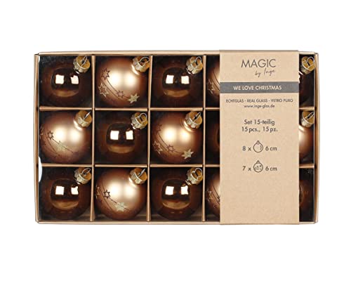 Weihnachtskugeln Glas 6cm x 15 Stück in Kartonbox Christbaumkugeln braun beige Mix Elegant Lounge von Inge-glas
