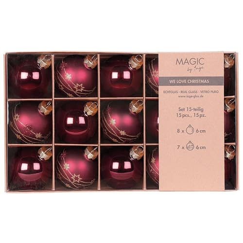 Weihnachtskugeln Glas 6cm x 15 Stück in Kartonbox Christbaumkugeln rot - Vintage Rose von Inge-glas