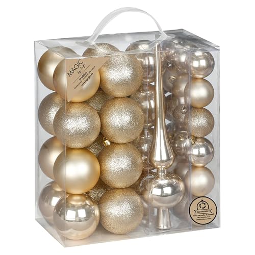 Weihnachtskugeln Kunststoff 4-6cm mit Spitze 39er Set - bruchsichere Christbaumkugeln Weihnachtsbaumkugeln und Christbaumspitze - Christbaumschmuck & Weihnachtsbaumschmuck - Champagner - Creamy Gold von Inge-glas