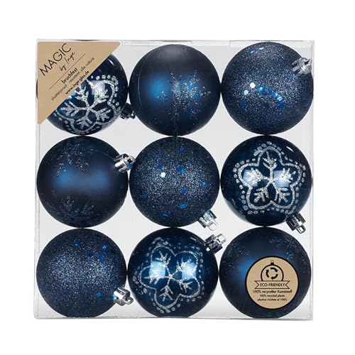 Weihnachtskugeln Kunststoff 6cm 9er Set - bruchsicher & mit Glitzer Muster - Christbaumkugeln für Weihnachtsbaum - Weihnachtsbaumkugeln & Christbaumschmuck Dunkelblau - Night Blue von Inge-glas