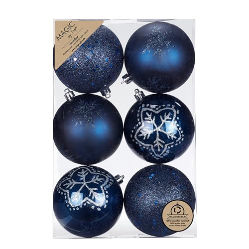 Weihnachtskugeln Kunststoff 8cm 6er Set - bruchsicher & mit Glitzer Muster - Große Christbaumkugeln für Weihnachtsbaum - Weihnachtsbaumkugeln & Christbaumschmuck Dunkelblau - Night Blue von Inge-glas