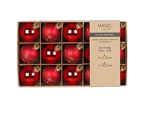 inge-glas Weihnachtskugeln Glas 6cm x 15 Stück in Kartonbox Christbaumkugeln rot Merry Red, Rot,Gold,grün,weiß von Inge-glas