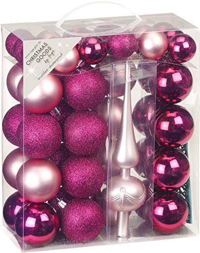 Inge Christmas Goods Weihnachtskugeln bruchfest | 47 TLG Berry Kiss rosa Bordeaux | 46 Christbaumkugeln und Weihnachtsbaumspitze | bruchsicher Kunststoff von Inge-glas