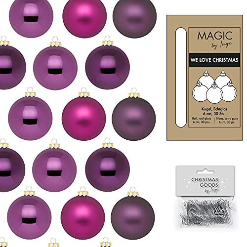 IngeGlas 30 Christbaumkugeln aus Glas - Durchmesser Ø 6,0 cm - Weihnachtskugeln für Tannenbaum - inkl. 100 Aufhänger (Purple Deluxe - Violett glänzend / matt) von IngeGlas