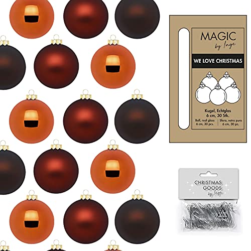 IngeGlas 30 Christbaumkugeln aus Glas - Durchmesser Ø 6,0 cm - Weihnachtskugeln für Tannenbaum - inkl. 100 Aufhänger (Shiny Chestnut - Braun, Orange matt / glänzend) von IngeGlas