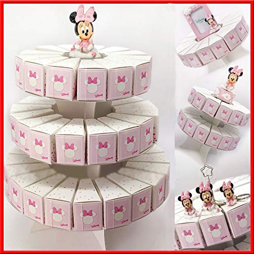 Gastgeschenktorte mit Etagere und Scheiben aus rosa Karton mit Disney-Minnie-Motiv, für Geburt, Mädchen, 3 Etagen – ohne Konfekt von Ingrosso e Risparmio