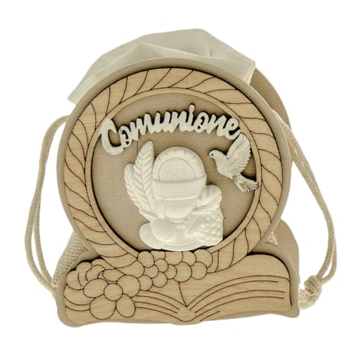 Ingrosso e Risparmio Bonboniere Kommunion 6 Stück Konfektschachtel aus Holz rund mit Kreide Symbole Kommunion Kelch Hostie Kind Mädchen Feier von Ingrosso e Risparmio