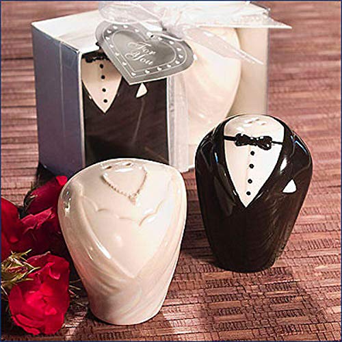 Salz- und Pfefferstreuer in Form eines Hochzeitskleides und Smoking, in Geschenkverpackung, originelle Gastgeschenke für Hochzeiten von Ingrosso e Risparmio