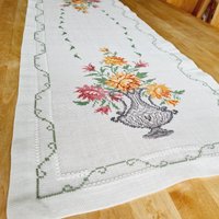 Schöne Florale/Kreuzstich Bestickte Tischläufer Tischdecke Aus Leinen Schweden von Ingsvintage