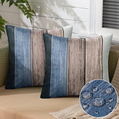 2er Set Kissenbezüge 45 x 45 Kissenbezug Outdoor Wasserdichte Kissenbezug Frühling Sommer Sofakissen Ombre Blau Grau Holz Streifen Leinenoptik Kissenbezüge für Bauernhaus Garten Outdoor Dekokissen von Inhobbok