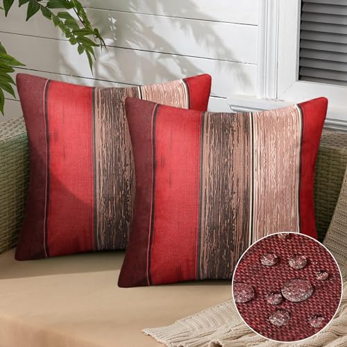 2er Set Kissenbezug 45x45 Kissenbezüge Ombre Rot Braun Wood Leinenoptik Streifen Kissenbezug Outdoor Wasserfest Kissen Dekokissen Deko Sofakissen Dekorative für Sofa Balkon Patio Garten Outdoor von Inhobbok