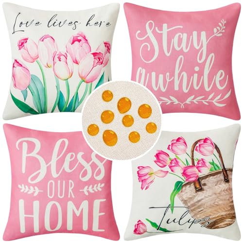 Inhobbok Kissenbezüge 45x45 cm Tulpen Korb Segnen Sie Unser Zuhause Frühling Sommer Kissenbezüge 4er Set Wasserdichten Leinen Dekorativen Kissenbezügen für Den Außenbereich Couch Wohnzimmer von Inhobbok