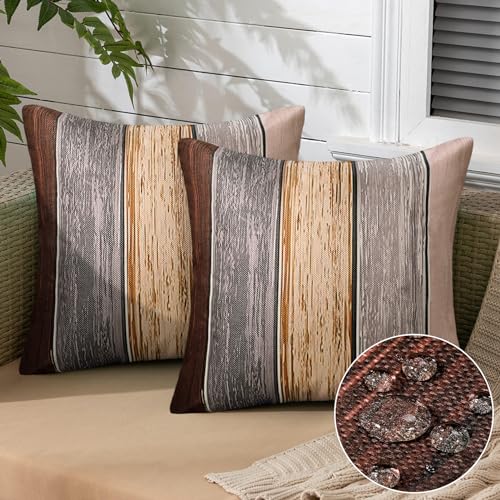 Kissenbezug 40x40 Braun Streifen Kissenbezüge Wasserdichte Kissenhülle Leinenoptik Modern Dekorative Kissenbezug Grau Braun Holzstreifen Vintage Couchkissen Bezug für Patio Garten Outdoor 2er Set von Inhobbok