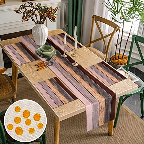 Tischläufer 33x183cm und Tischsets 4er Set 45x32cm Outdoor Tischläufer Wetterfest Tischläufer Schmal Braun und Grau Hölzern Streifen Leinenoptik Tischläufer Tischsets für Bauernhaus Garten Party von Inhobbok