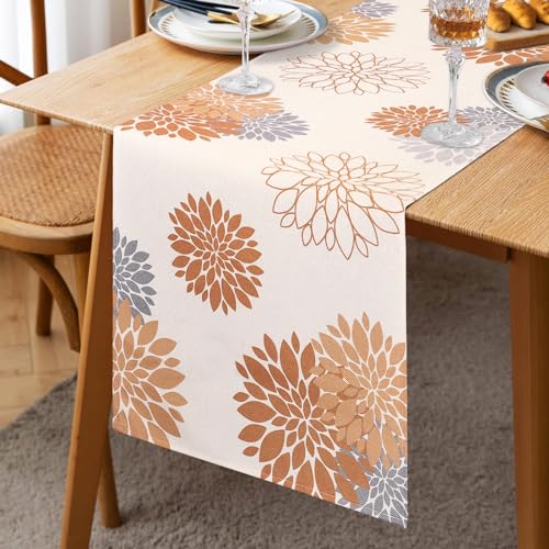 Tischläufer Dahlie Orange Gelb Grau Leinen 40x140cm Blume Beige Tischläufer Modern Attraktiv Bauernhaus Geometrischer Tisch Mitte Dekor Boho Tischläufer für Wohnzimmer Schrank Essparty Terrasse von Inhobbok