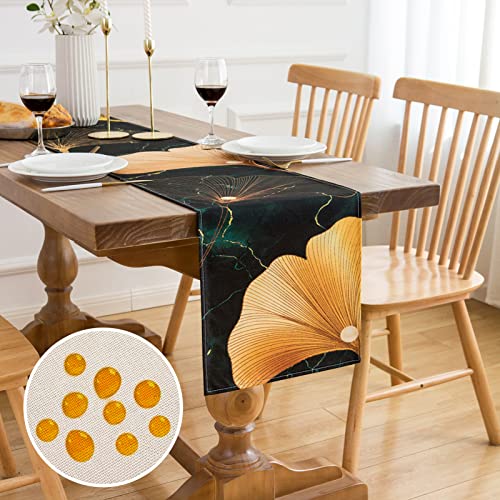 Tischläufer Dunkelgrün Tischläufer Outdoor Wetterfest Tischläufer Landhausstil Polyester Tischläufer Petrol Gold Ginkgo Biloba Natur Tischdecke Vintage Tischdecken Grün für Wohnzimmer 40x140cm von Inhobbok