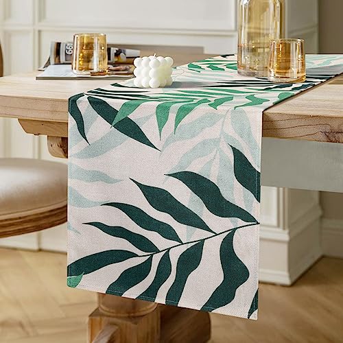 Tischläufer Blätter Grün Frühling Sommer Modern Polyester Leinen Tischläufer Grün Mintgrün Blätter Tischläufer Klein Table Runner für Urlaub Party Picknick Küche 40x140cm von Inhobbok