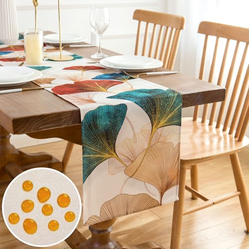 Tischläufer Frühling Sommer Tischläufer Grün Tischdecke Vintage Goldene Blätter Polyester Tischläufer Wohnzimmer Modern Tischläufer für Kommode Festival Party Küche Esstisch Dekoration 33x183cm von Inhobbok