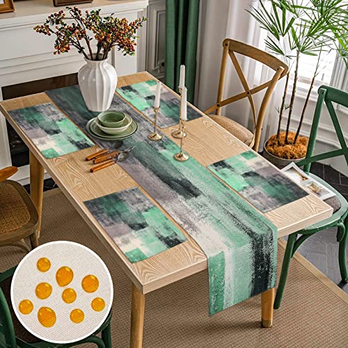 Tischläufer Modern Wohnzimmer 40x140cm und Tischsets 45x32cm Mintgrün und Grau Malerei Kunst Tischdeko Tischsets Leinenoptik Platzsets Tischläufer Outdoor Wetterfest Tischdecke für Garten Esstisch von Inhobbok