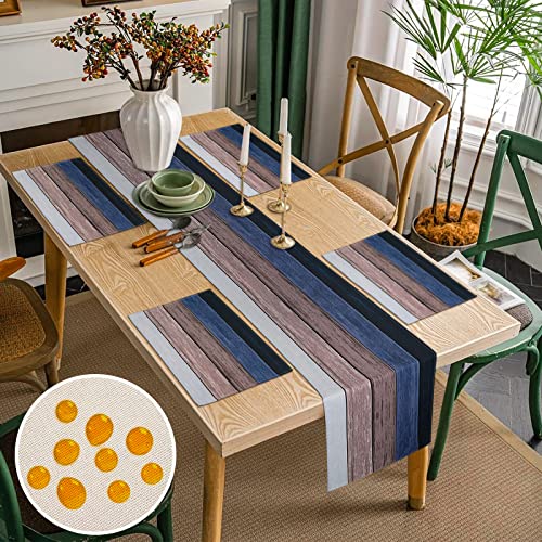 Tischläufer Modern und Abwaschbare Tischsets 4er Set Blau und Grau Hölzern Streifen Tischdecke Platzsets 45x32cm Polyester Tischläufer Outdoor Wetterfest Tischset für Couchtisch Esszimmer 33x183cm von Inhobbok