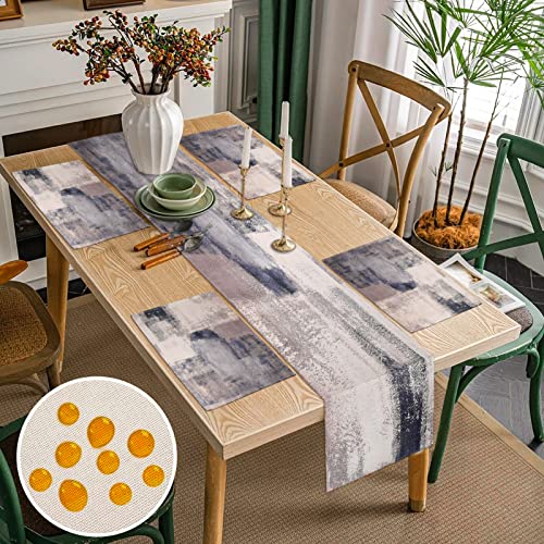 Tischläufer Modern und Tischsets 4er Set Blau und Grau Malerei Kunst Tischdecke Platzsets 45x32cm Polyester Tischläufer Outdoor Wetterfest Tischset für Esszimmer Hochzeit Geburtstag Party 33x183cm von Inhobbok