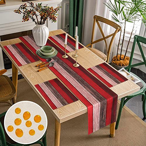 Tischläufer Modern und Tischsets Waschbar 4er Set 45x32cm Rot und Braun Holz Streifen Polyester Tischläufer Sommer Tischläufer Abwaschbar Tischsets Set für Couchtisch Drinnen und Draußen 33x183cm von Inhobbok